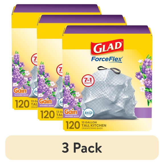 (3 pack) Glad ForceFlex Tall Kitchen Drawstring Trash Bags, 13 Gal, Gain Lavender, 120 Count