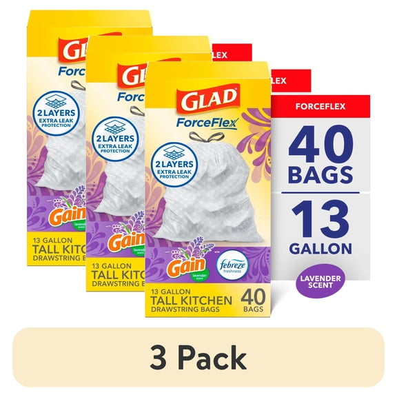 (3 pack) Glad ForceFlex Tall Kitchen Drawstring Trash Bags, 13 Gallon, Gain Lavender with Febreze Freshness, 40 Count