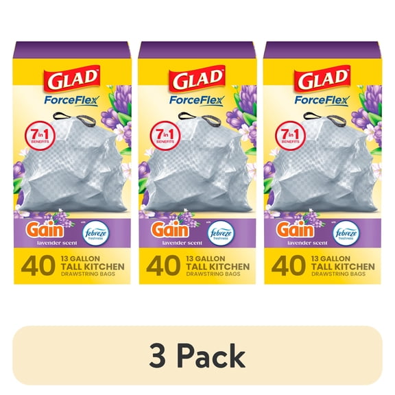 (3 pack) Glad ForceFlex Tall Kitchen Drawstring Trash Bags, 13 Gallon, Gain Lavender with Febreze Freshness, 40 Count