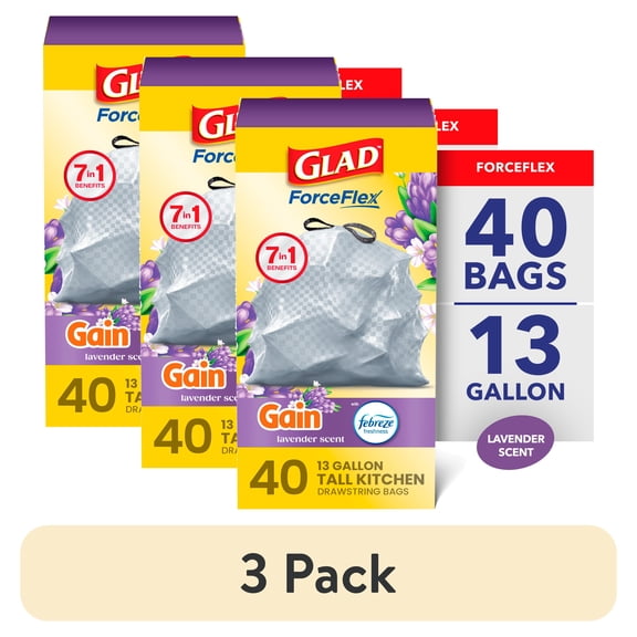 (3 pack) Glad ForceFlex 13-Gallon Drawstring Tall Kitchen Trash Bags, Gain Lavender Scent, 40 Bags