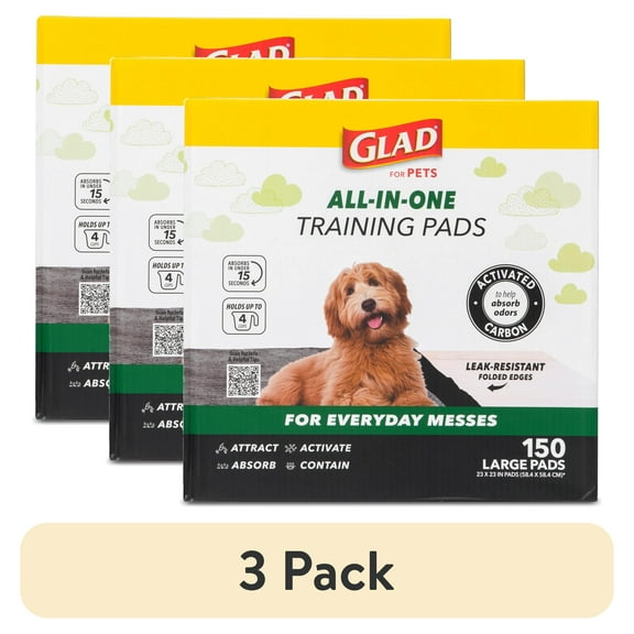 (3 pack) Glad for Pets Charcoal Odor Absorbent Puppy Training Pads, 150 Ct