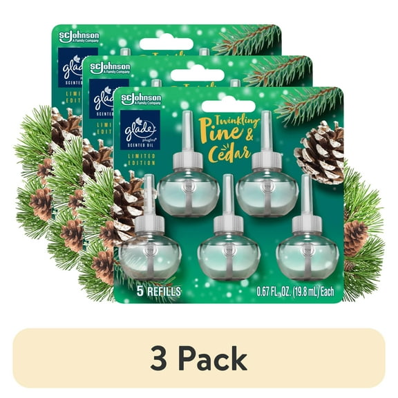 (3 pack) Glade PlugIns Air Freshener Refills, Twinkling Pine & Cedar, Fragrance Infused with Essential Oils, 0.67 oz, 5 Count