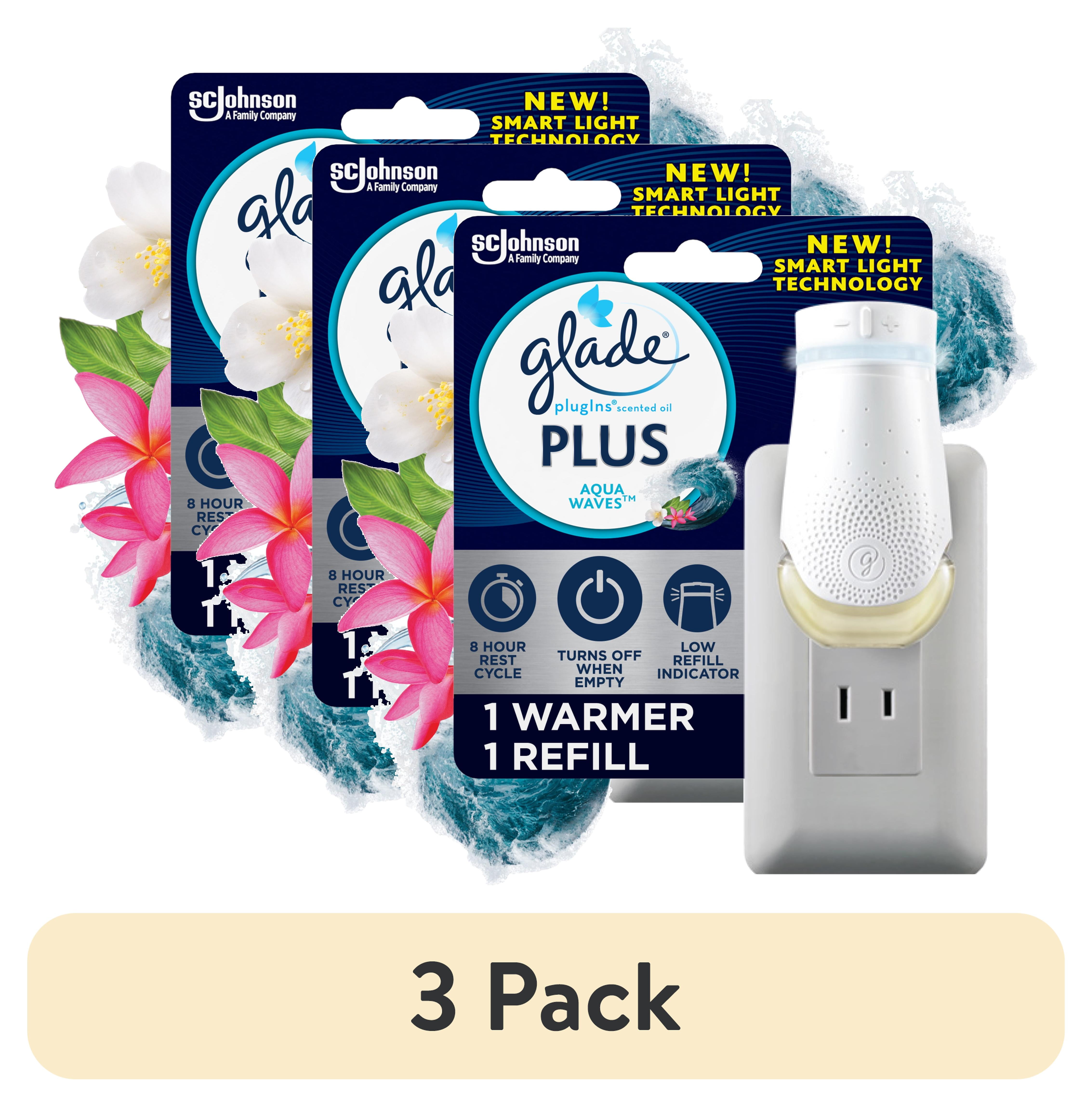 (3 pack) Glade PlugIns Scented Oil PLUS, Air Freshener Oil Warmer and Refill, Aqua Waves™, with ScentNotice Technology
