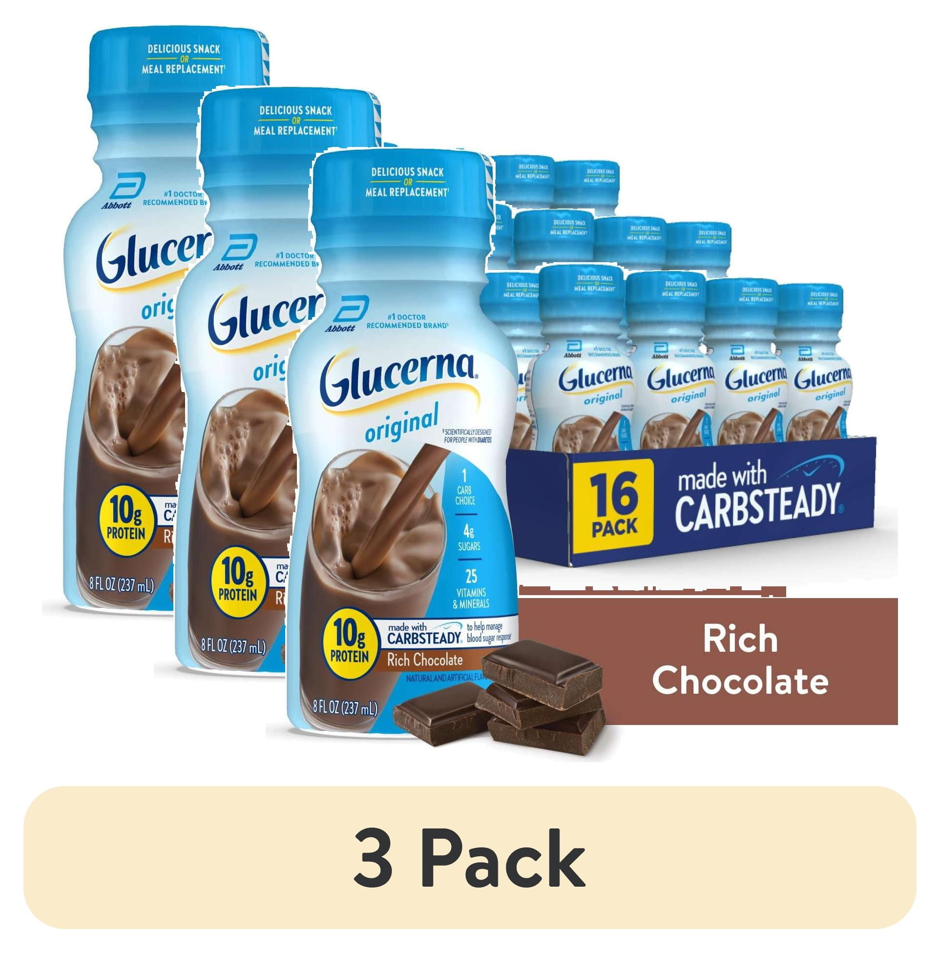 (3 pack) Glucerna Original Diabetic Protein Shake, Rich Chocolate, 8 fl oz Bottle, 16 Count