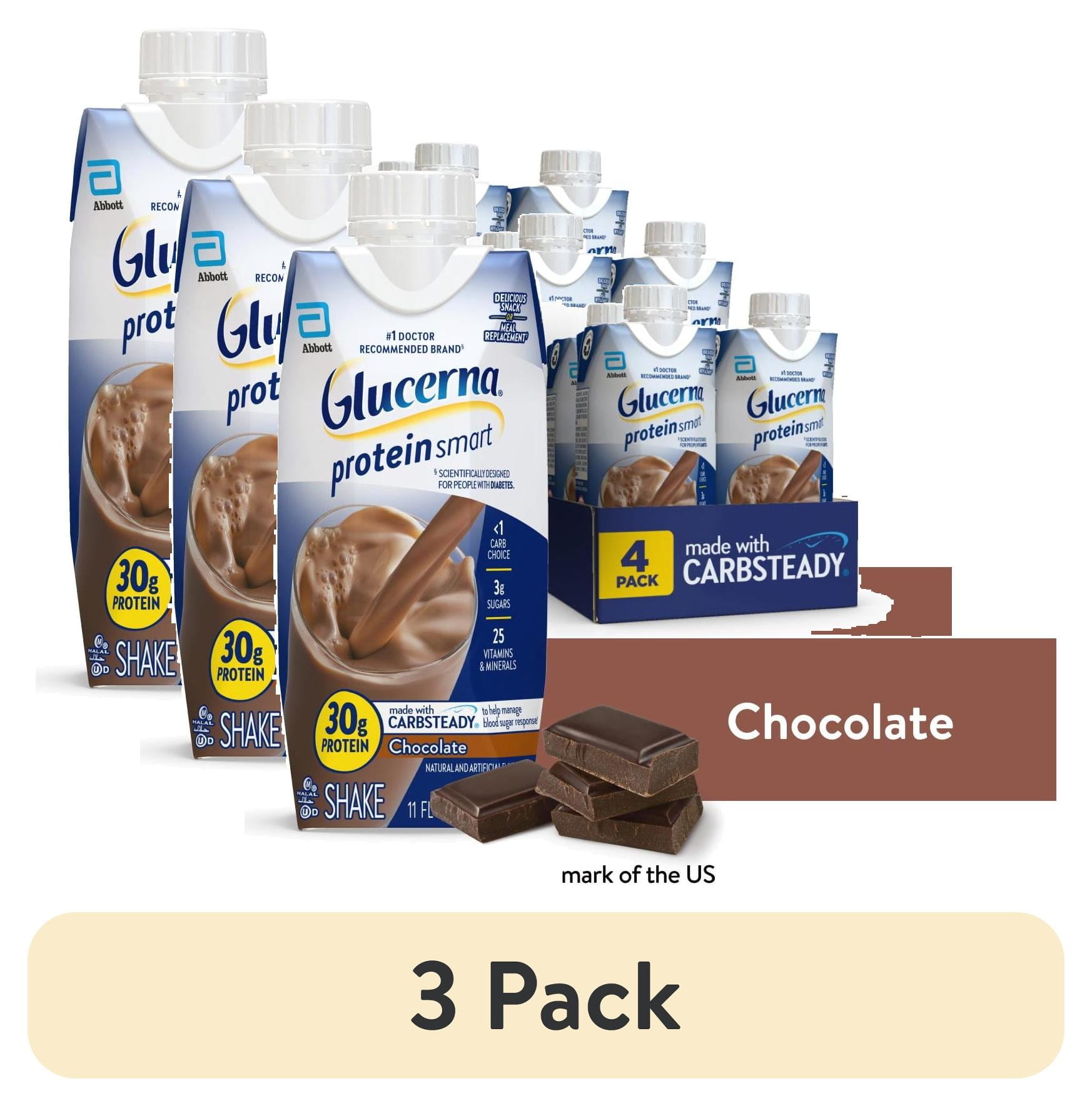 (3 pack) Glucerna Protein Smart Diabetic Shake, Chocolate, 11 fl oz carton, 4 Count