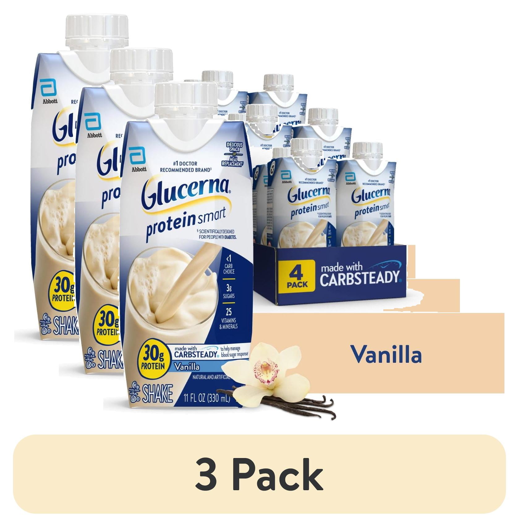 (3 pack) Glucerna Protein Smart Diabetic Shake, Vanilla, 11 fl oz carton, 4 Count