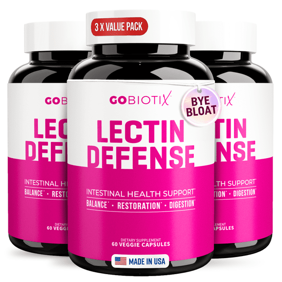 (3 pack) GoBiotix Lectin Defense Supplement for Intestinal Health, Bloating, and Immune Support, 60 Capsules