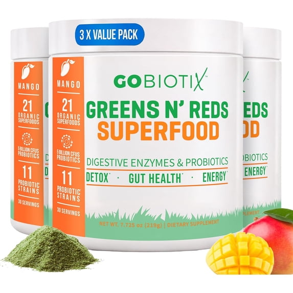 (3 pack) GoBiotix Super Greens & Reds Organic Super Greens Powder with Probiotics for Digestion, 30 Servings, Mango Flavor