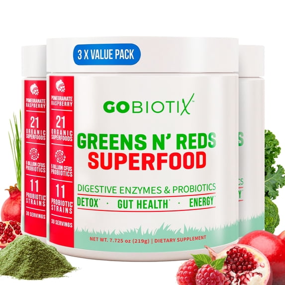 (3 pack) GoBiotix Super Greens & Reds Organic Super Greens Powder with Probiotics for Digestion, 30 Servings, Reds Flavor