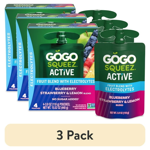 (3 pack) GoGo squeeZ Active Electrolyte No Sugar Added Blueberry Strawberry Lemon Fruit Blend, 3.9 oz (4 Pack)