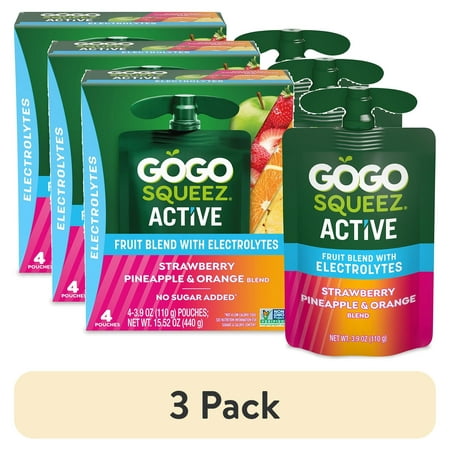 (3 pack) GoGo squeeZ Active Electrolyte No Sugar Added Strawberry Pineapple Orange Fruit Blend, 3.9 oz (4 Pack)