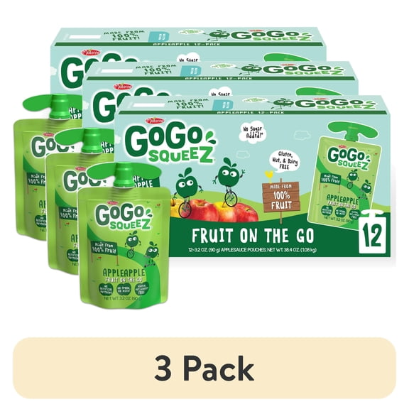(3 pack) GoGo squeeZ Applesauce and Fruit Puree, Apple Apple Snack Pouches, 3.2 oz, 12 Pack