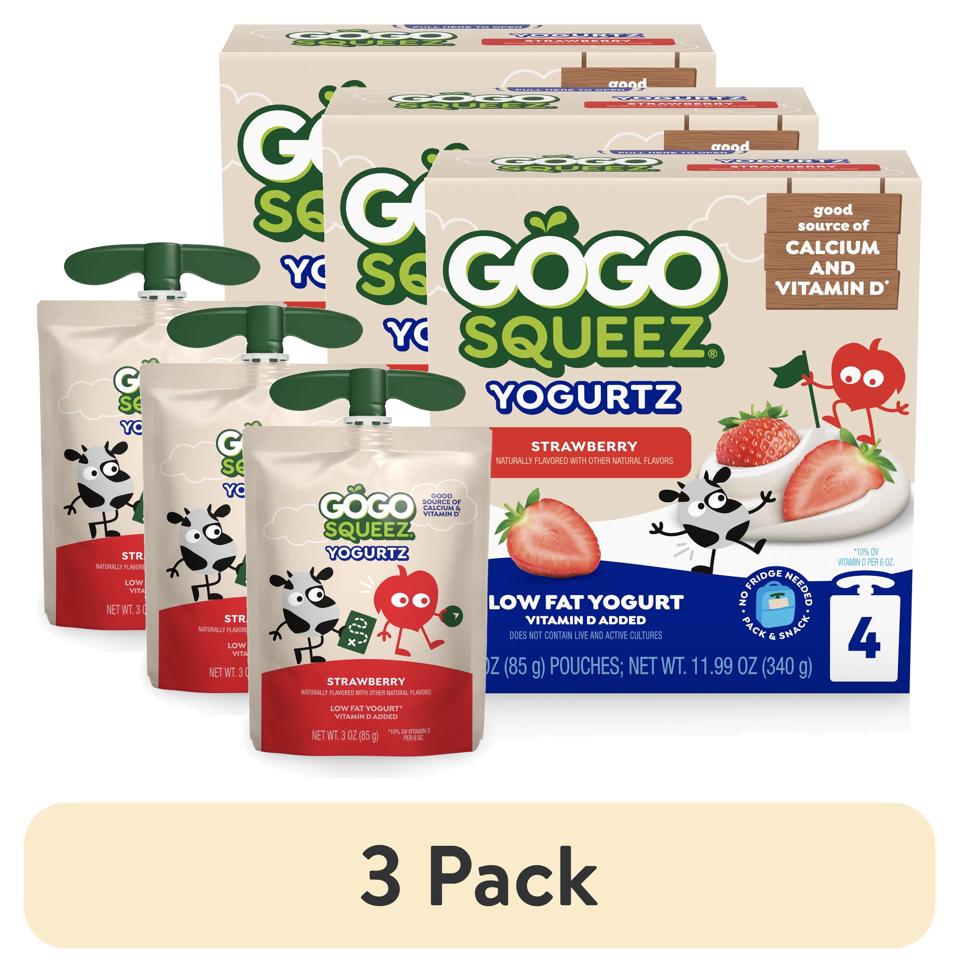 (3 pack) GoGo squeeZ Low Fat Yogurtz Strawberry Yogurt Snack Pouches, 3 oz (4 Pack)
