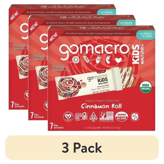 (3 pack) GoMacro Kids MacroBar, Cinnamon Roll, Organic Vegan Snack Bars, 7ct
