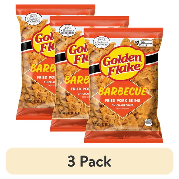 (3 pack) Golden Flake Barbecue Fried Pork Skins, 4 oz Bag