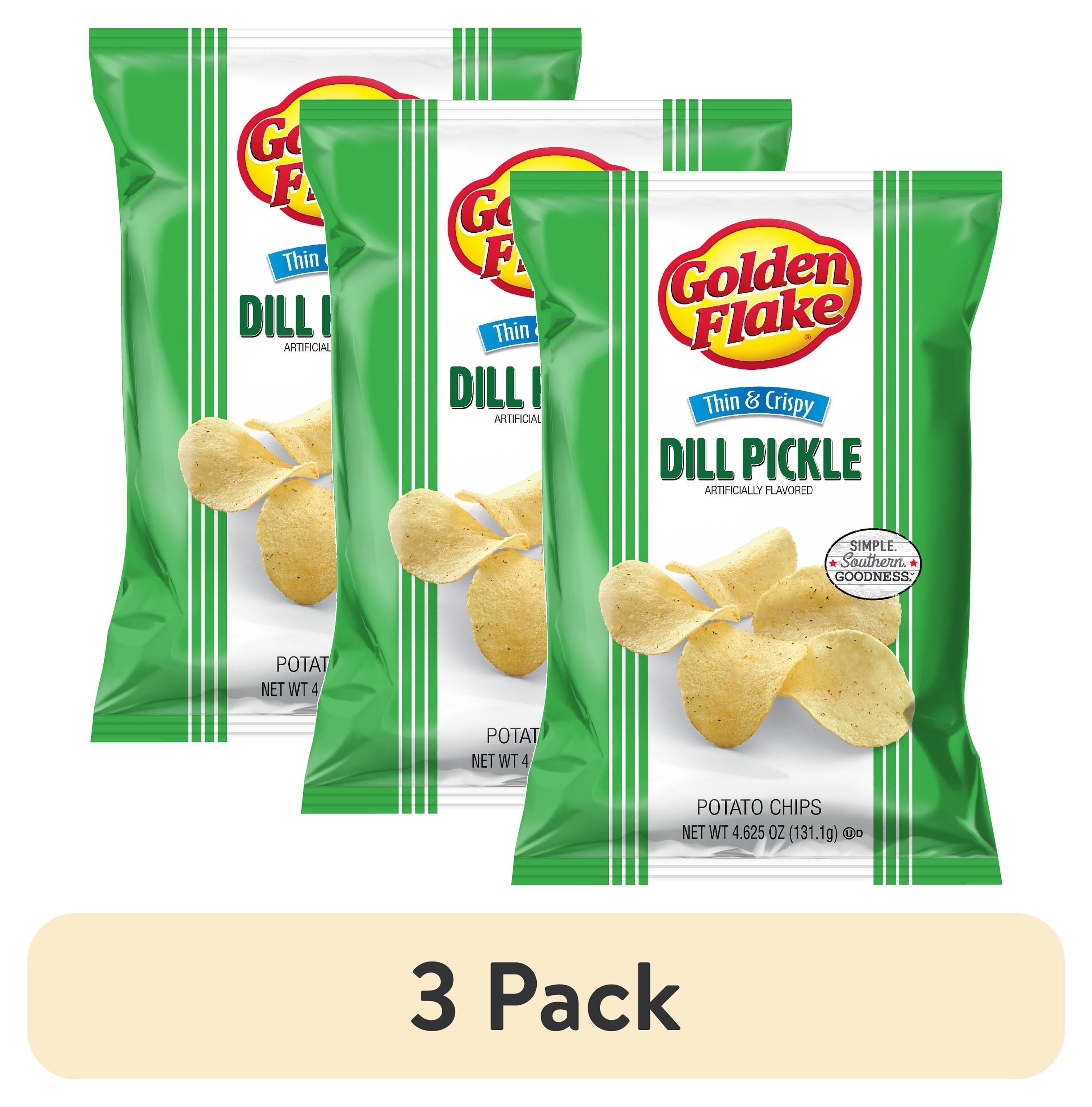 (3 pack) Golden Flake Dill Pickle Thin & Crispy Potato Chips, Gluten-Free, 4.625 oz Bag