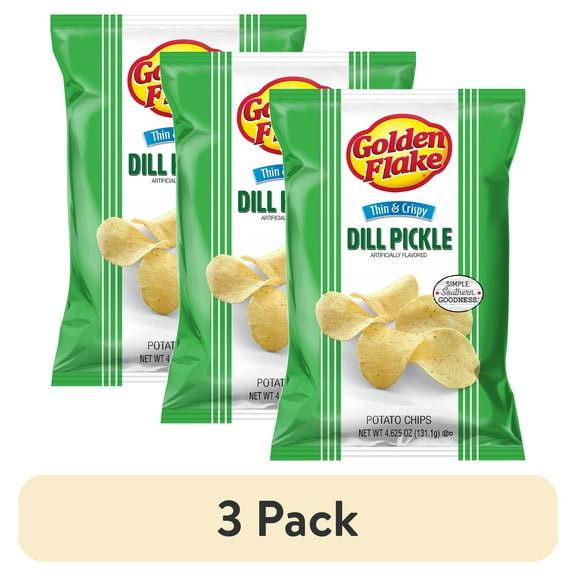 (3 pack) Golden Flake Dill Pickle Thin & Crispy Potato Chips, Gluten-Free, 4.625 oz Bag
