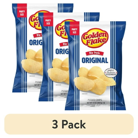 (3 pack) Golden Flake Original Dip Style Potato Chips, Gluten-Free, Party Size, 13 oz Bag