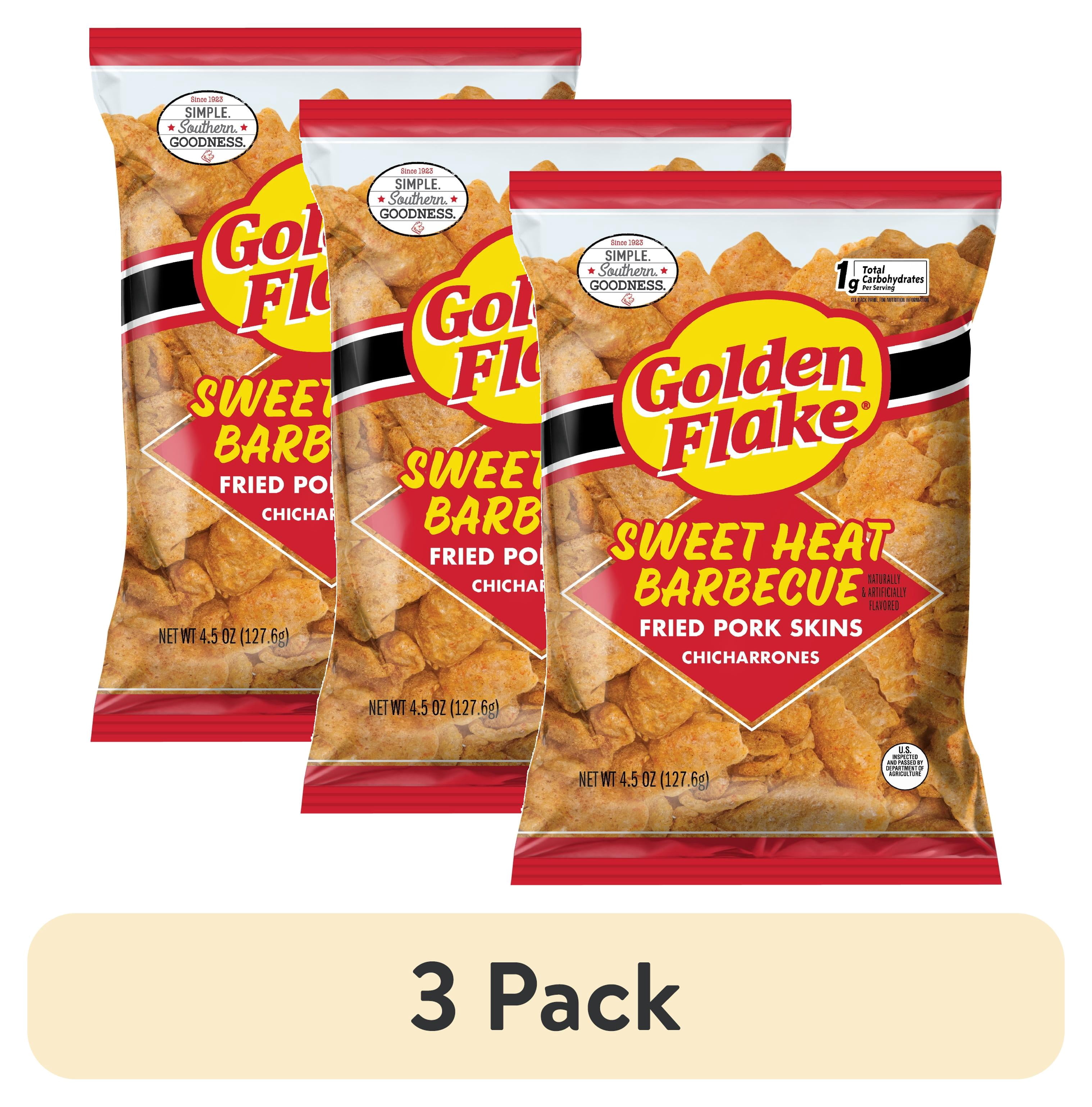 (3 pack) Golden Flake Sweet Heat Barbecue Fried Pork Skins, 4.5 oz Bag