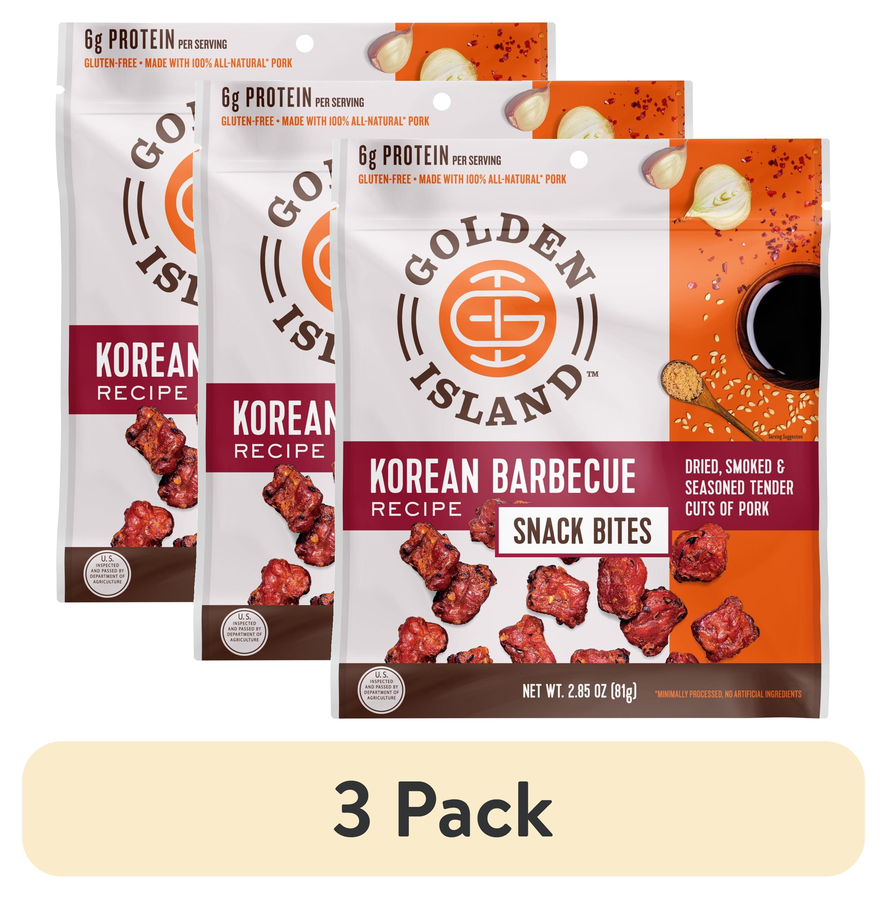(3 pack) Golden Island, Korean BBQ, Pork Snack Bites, 100% Pork, 2.85oz bag