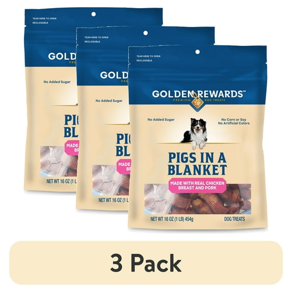 (3 pack) Golden Rewards Pigs in a Blanket Chicken and Pork Sausage Dog Treats, 16 oz