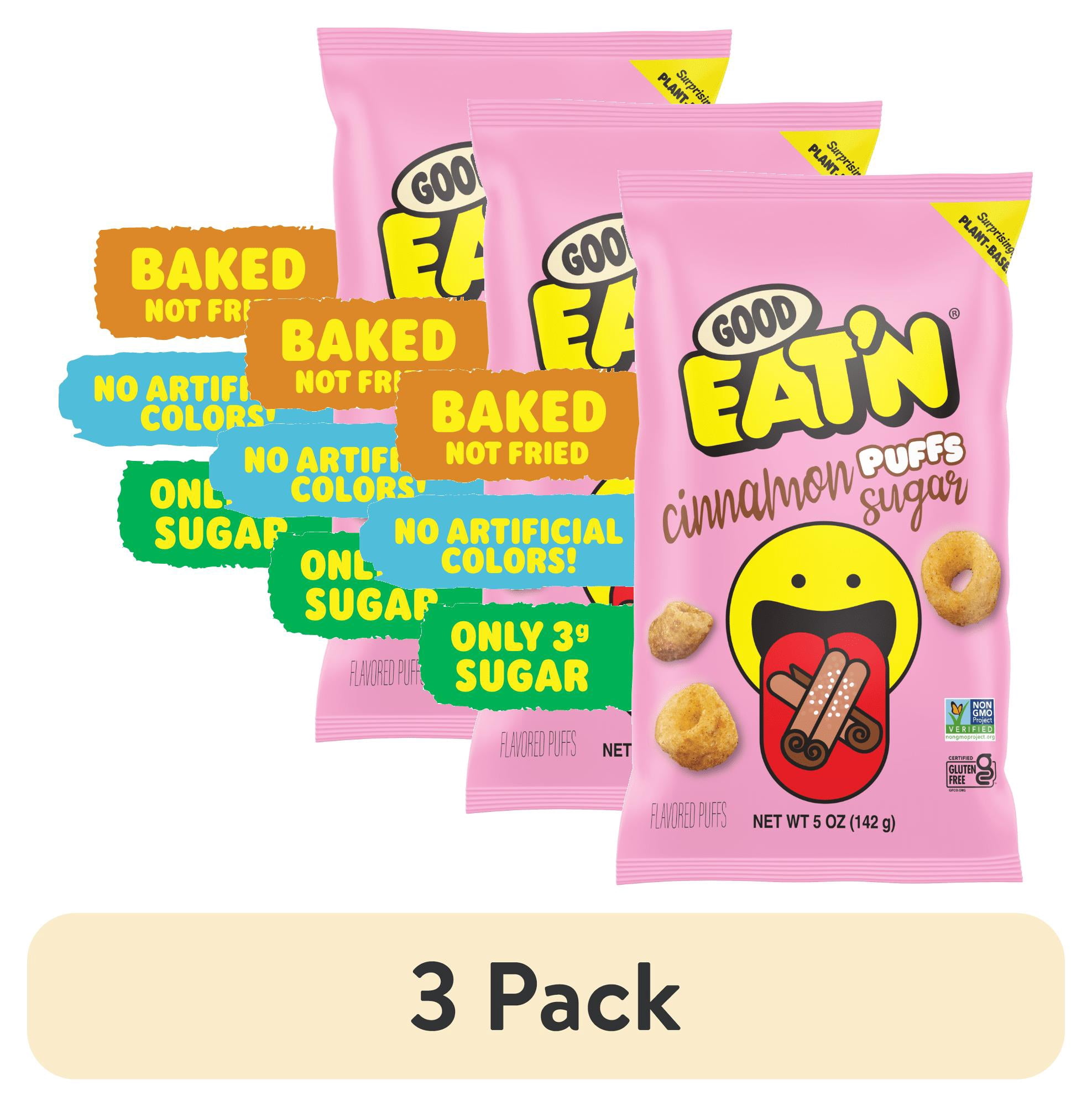 (3 pack) Good Eat'n Cinnamon Sugar Puffs, Baked Non-GMO Corn Snack, Gluten-Free, Vegan, 5oz