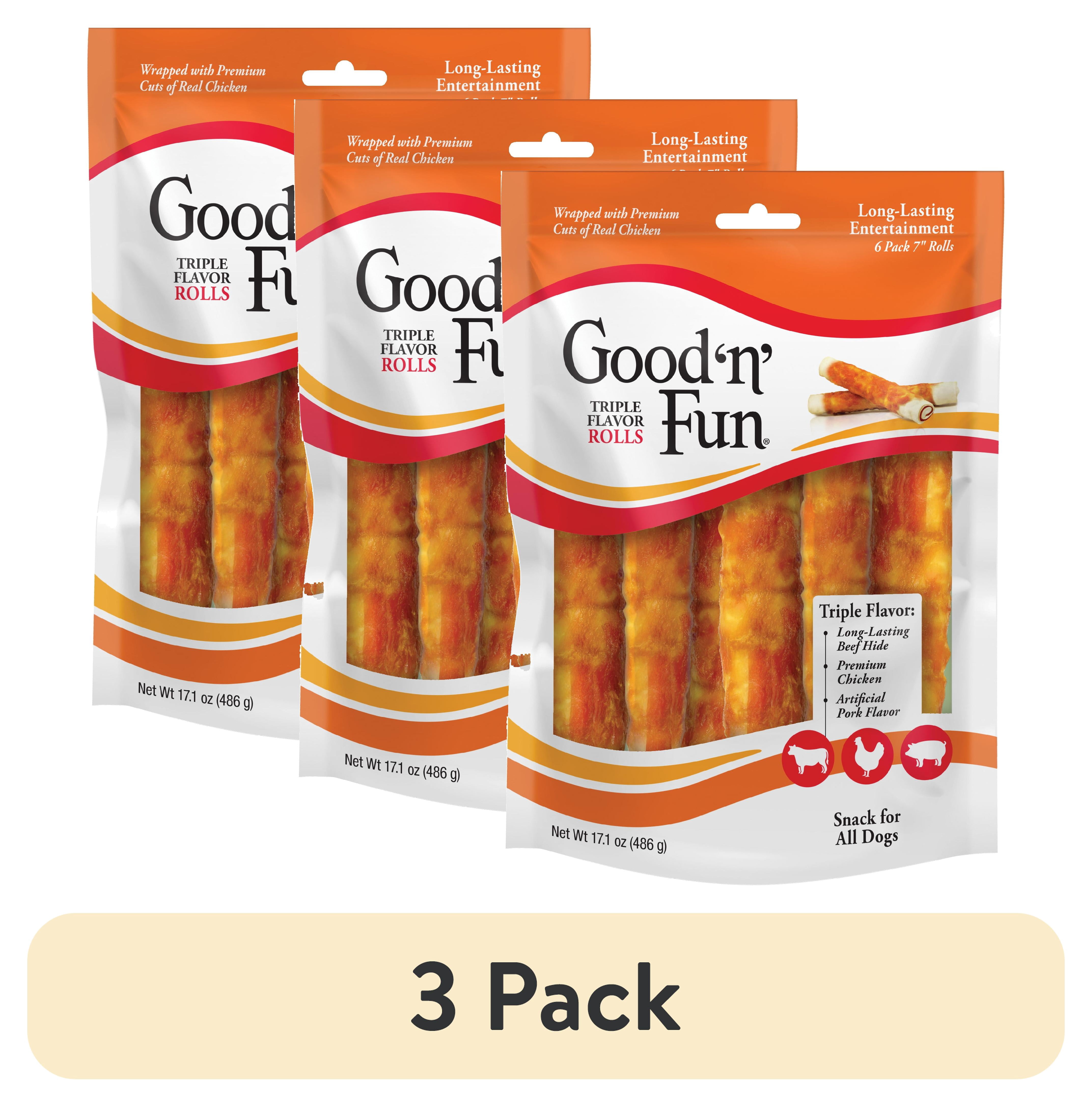(3 pack) Good ’n’ Fun Triple Flavor Chews, 7 Inch Rolls, Rawhide for Dogs, 6 Count