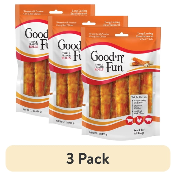 (3 pack) Good ’n’ Fun Triple Flavor Chews, 7 Inch Rolls, Rawhide for Dogs, 6 Count