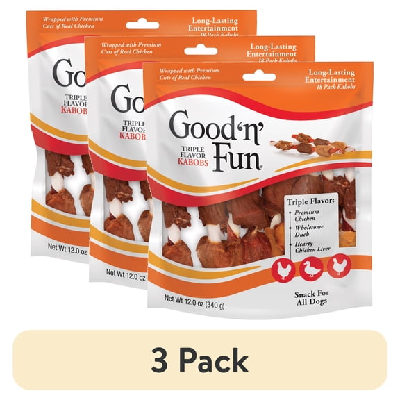 (3 pack) Good 'n' Fun Triple Flavor Kabobs, Rawhide Chews for All Dogs, 12 oz