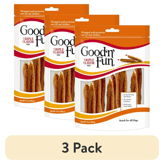 (3 pack) Good ’n’ Fun Triple Flavor Ribs, Rawhide Snack for All Dogs, 12 oz.