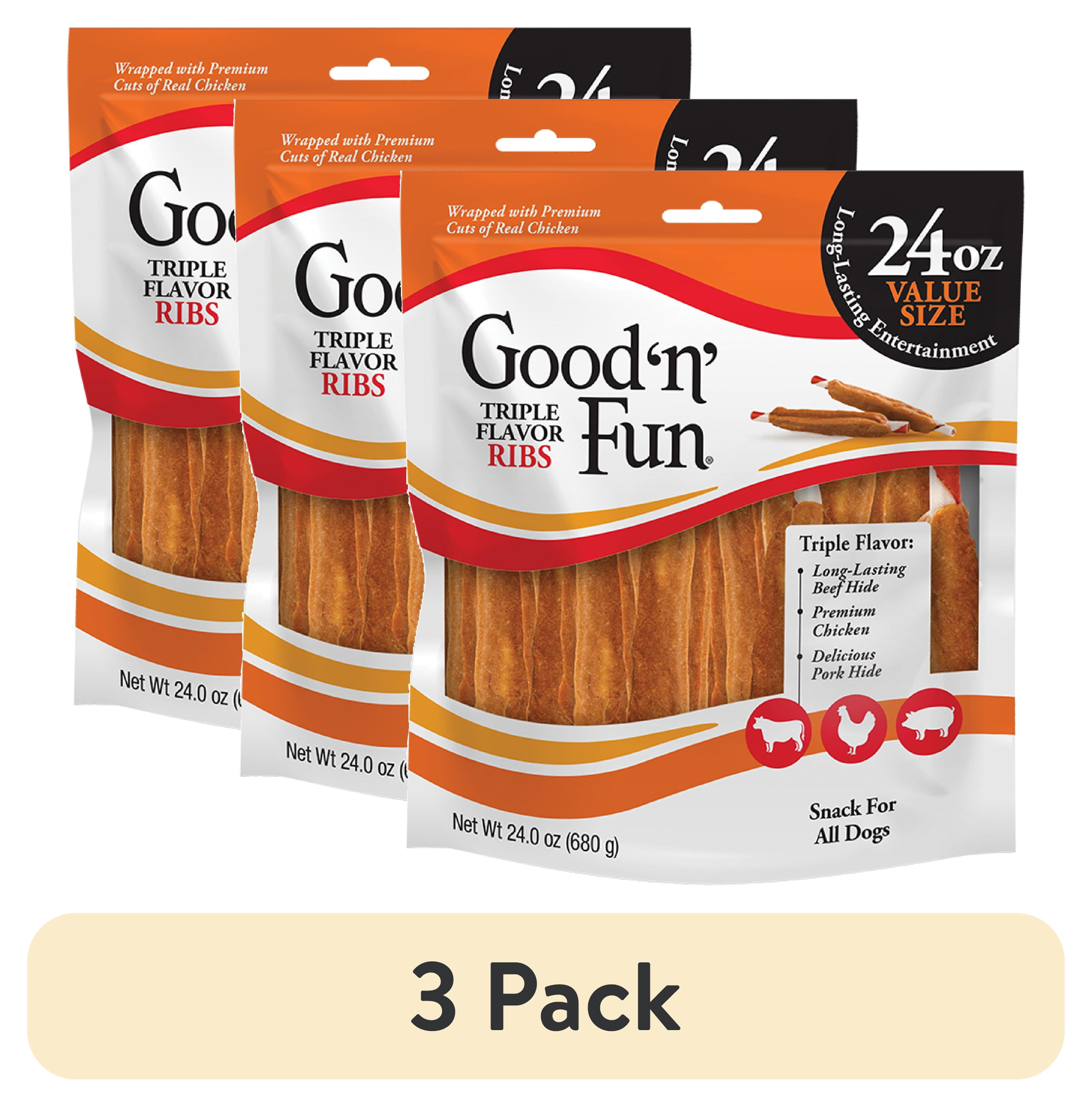 (3 pack) Good 'n' Fun Triple Flavor Ribs, Rawhide Chews for All Dogs, 24 oz.