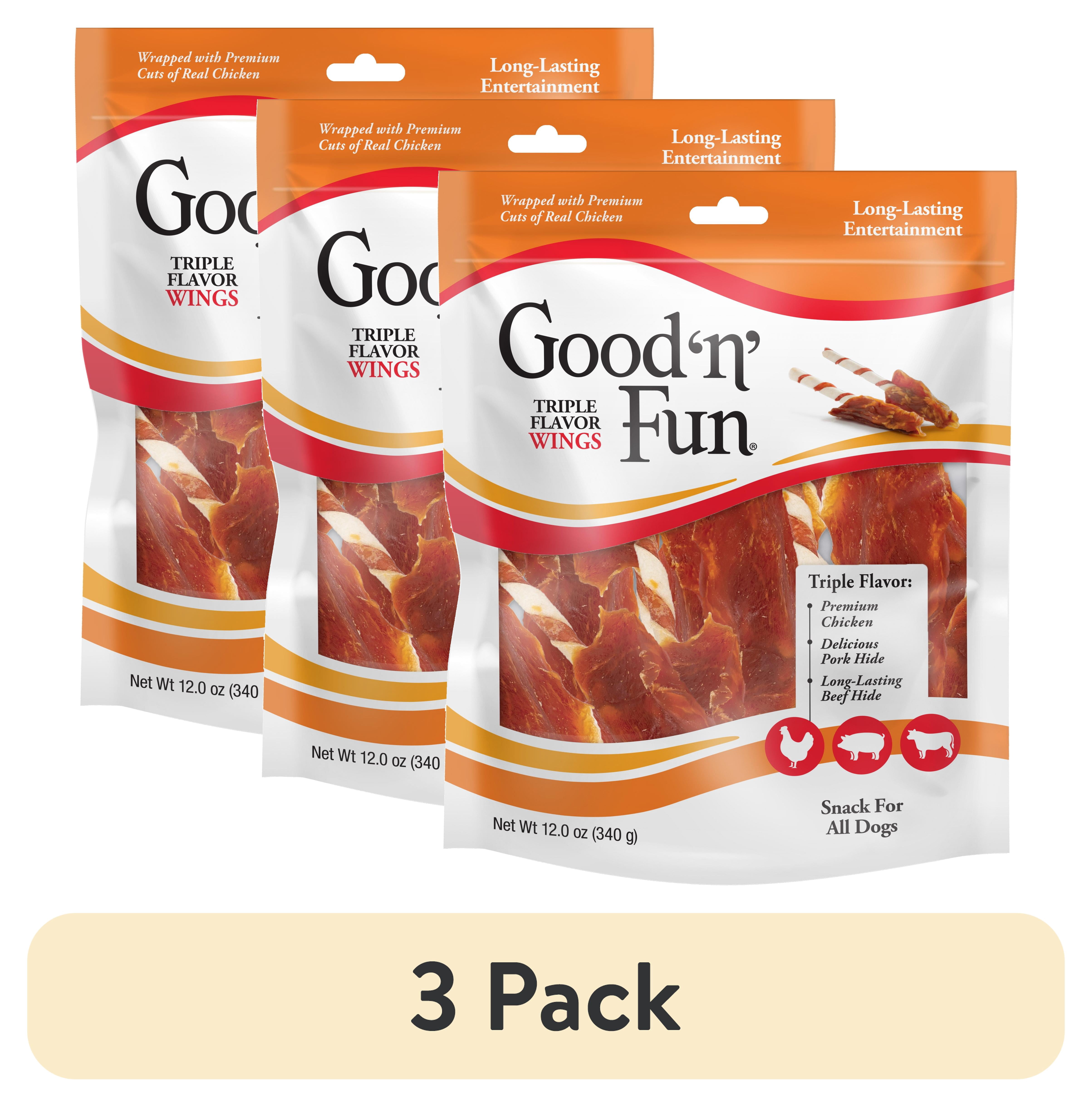 (3 pack) Good 'n' Fun Triple Flavor Wings, Rawhide Chew for All Dogs, 12 oz
