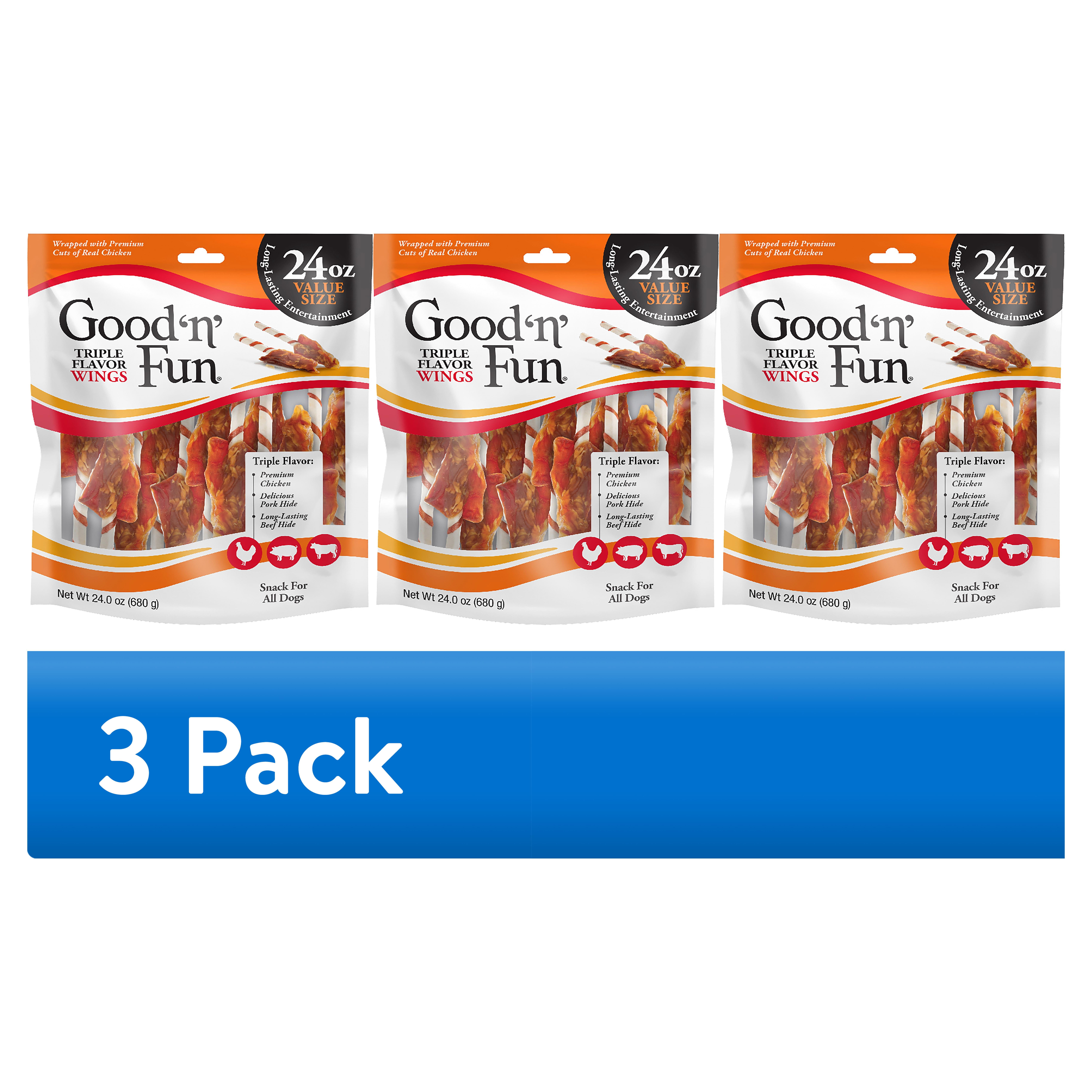 (3 pack) Good 'n' Fun Triple Flavor Wings, Rawhide Chew for All Dogs, 24 oz