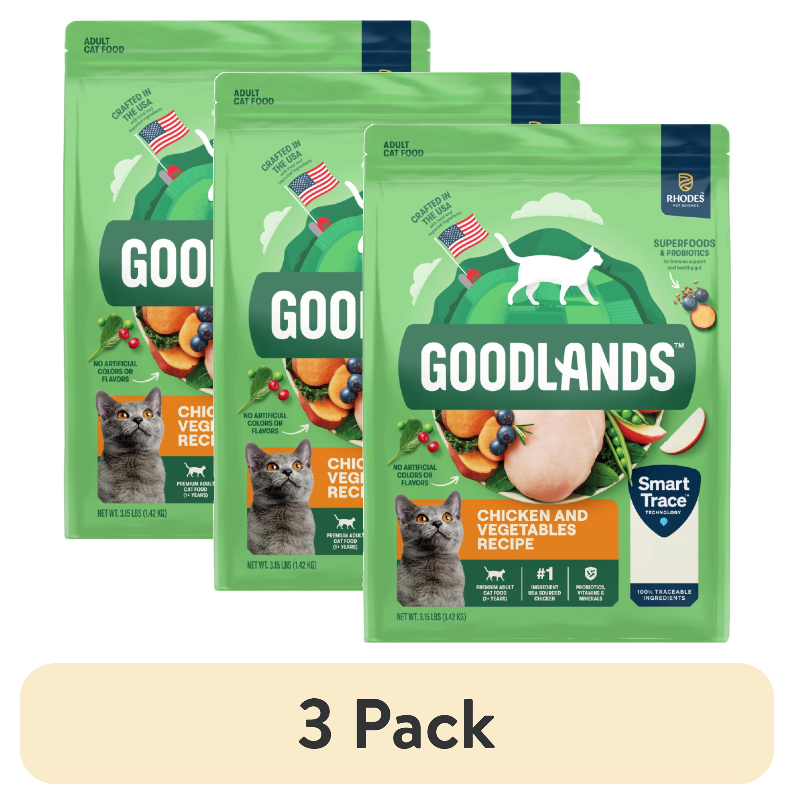 (3 pack) Goodlands Cage-Free Chicken Vegetable Flavor, Dry Adult Cat Food with Probiotics, 3.15 lb Bag