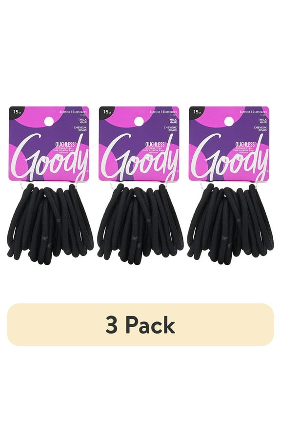 (3 pack) Goody Ouchless Super Stretch Hair Ties, Secure Grip, All-Day Wear, For Thick Hair, Black, 15 Ct