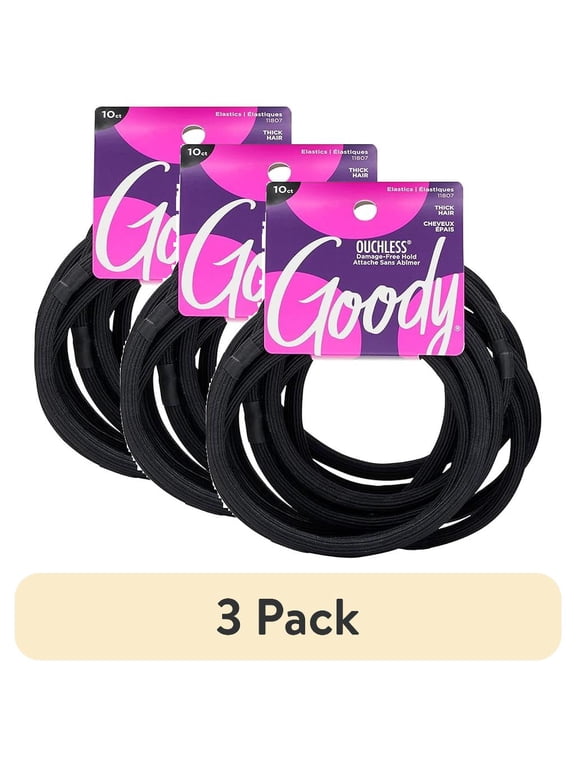 (3 pack) Goody Ouchless Hair Ties, Black, XL Fabric Covered Elastic Band, Thick, Long Hair, 10 Ct