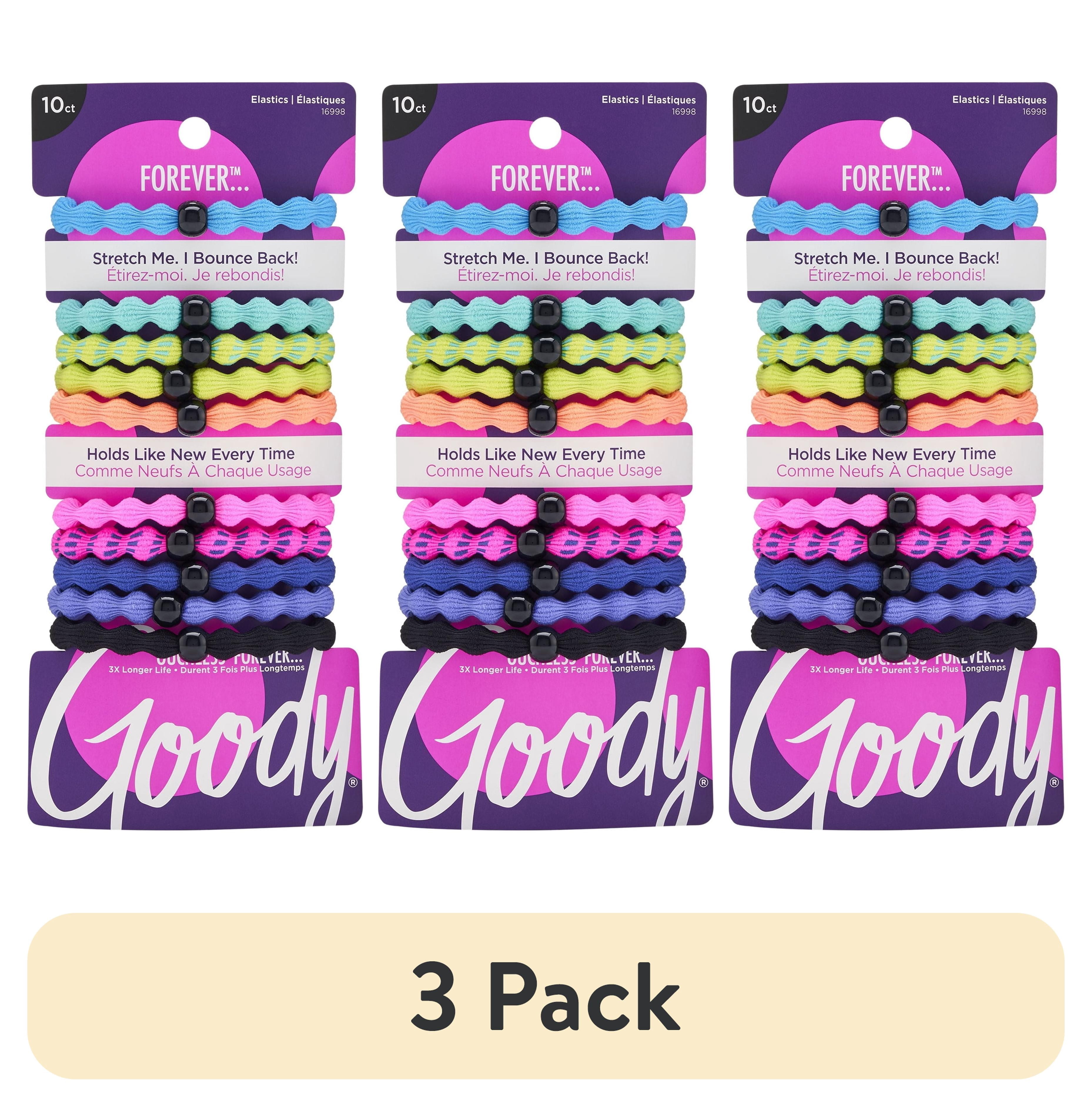 (3 pack) Goody Ouchless Forever Multicolor Neon Small Hair Elastics, 10-Count Ponytail Holder