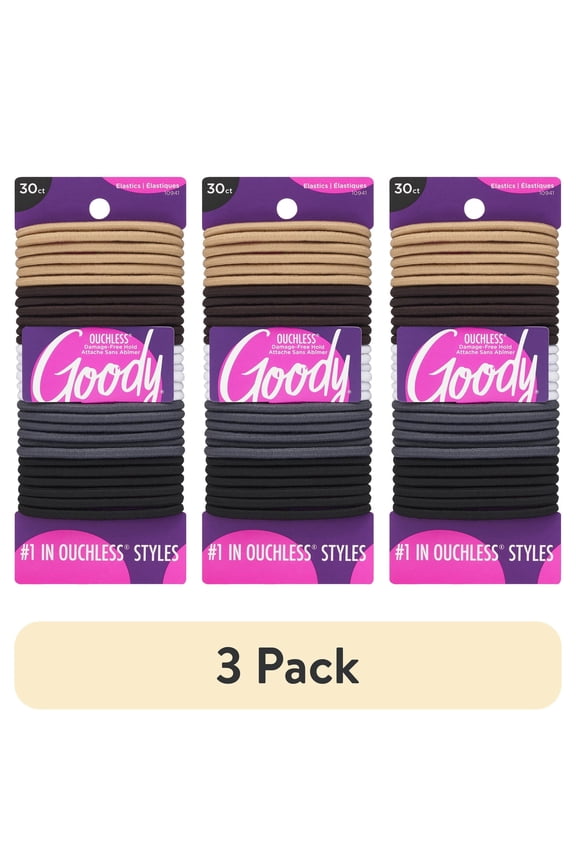 (3 pack) Goody Ouchless No-Metal Hair Elastics, Assorted Neutral Colors, 30 Count