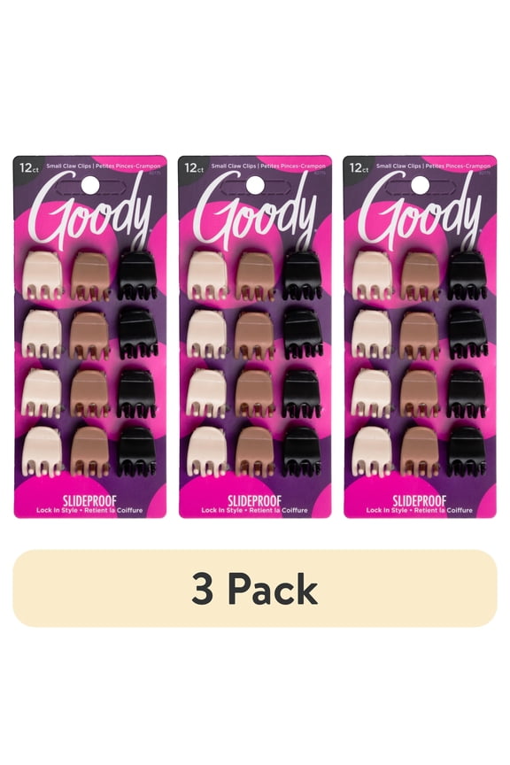 (3 pack) Goody Classic Mini Claw Clips, Assorted Colors, Slide-Proof Grip for All Hair Types, 12 Count