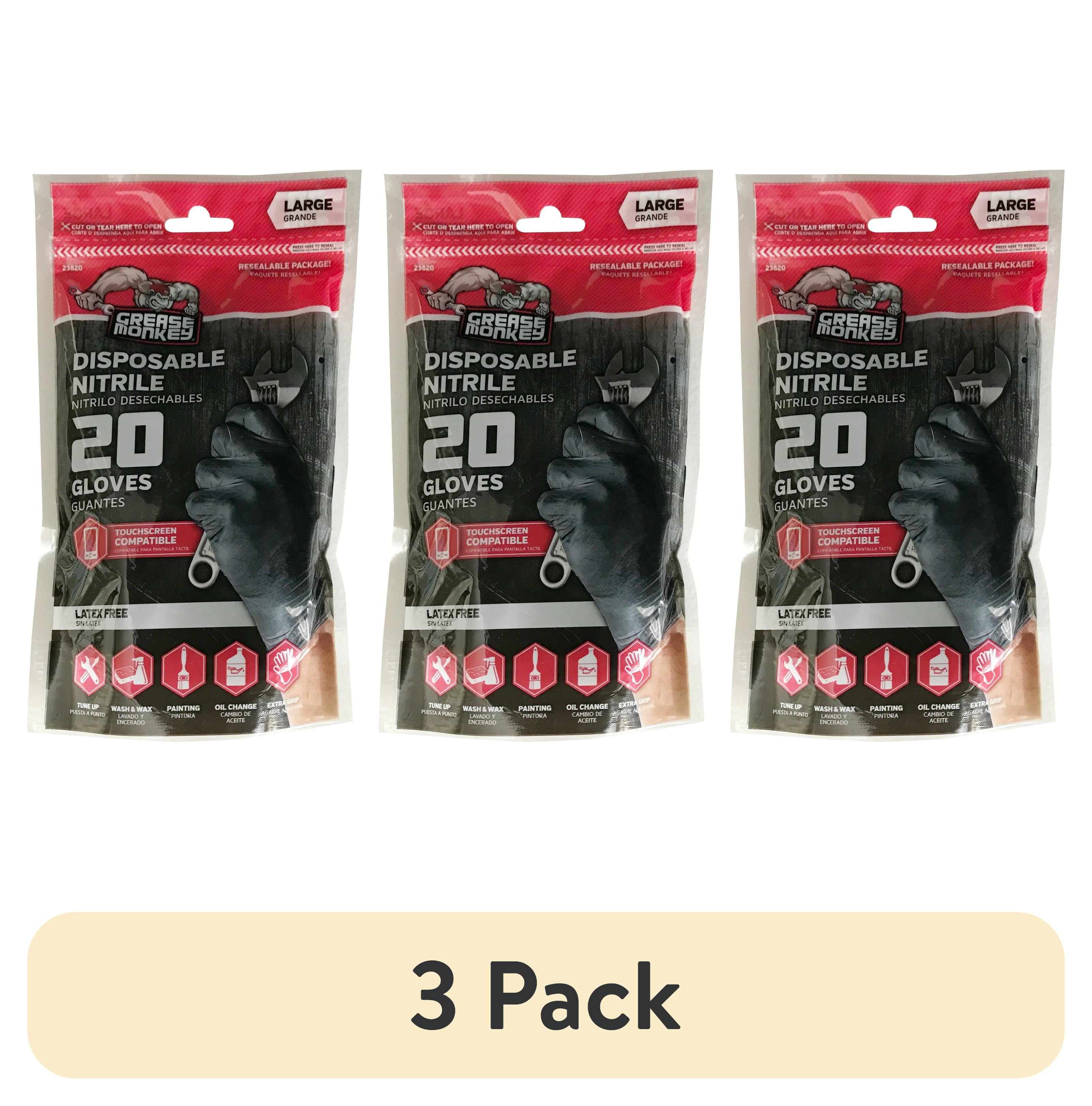 (3 pack) Grease Monkey Disposable Nitrile Gloves, Black, Latex Free, Large, 20 Count