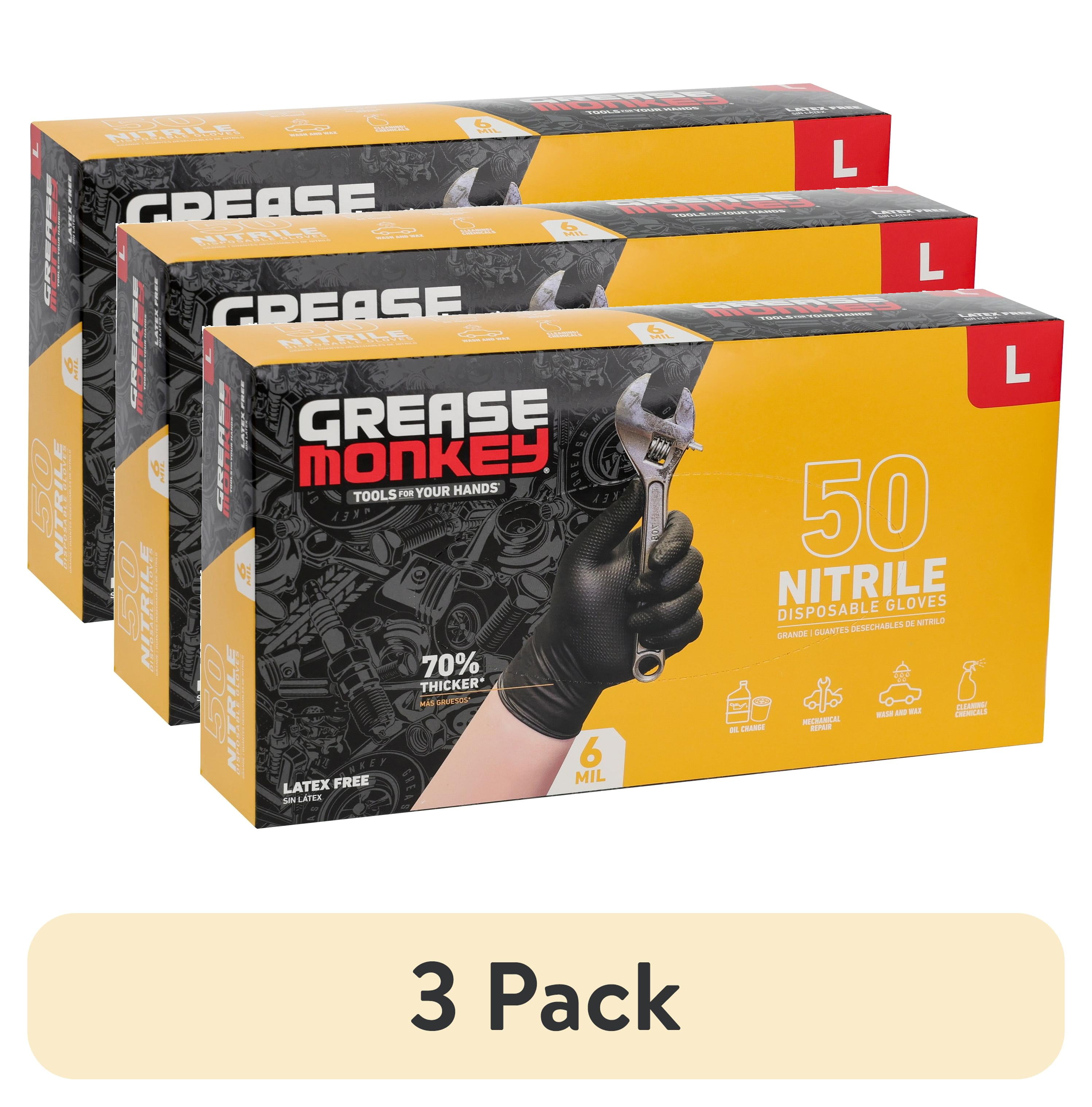 (3 pack) Grease Monkey Nitrile Disposable Gloves, Latex Free, Touchscreen, Black, Large, 50 Pack