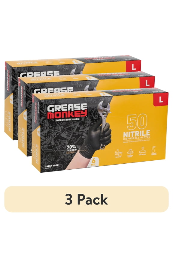 (3 pack) Grease Monkey Nitrile Disposable Gloves, Latex Free, Touchscreen, Black, Large, 50 Pack