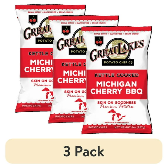 (3 pack) Great Lakes Potato Chips Kettle Chips Michigan Cherry BBQ, 8 oz Bag