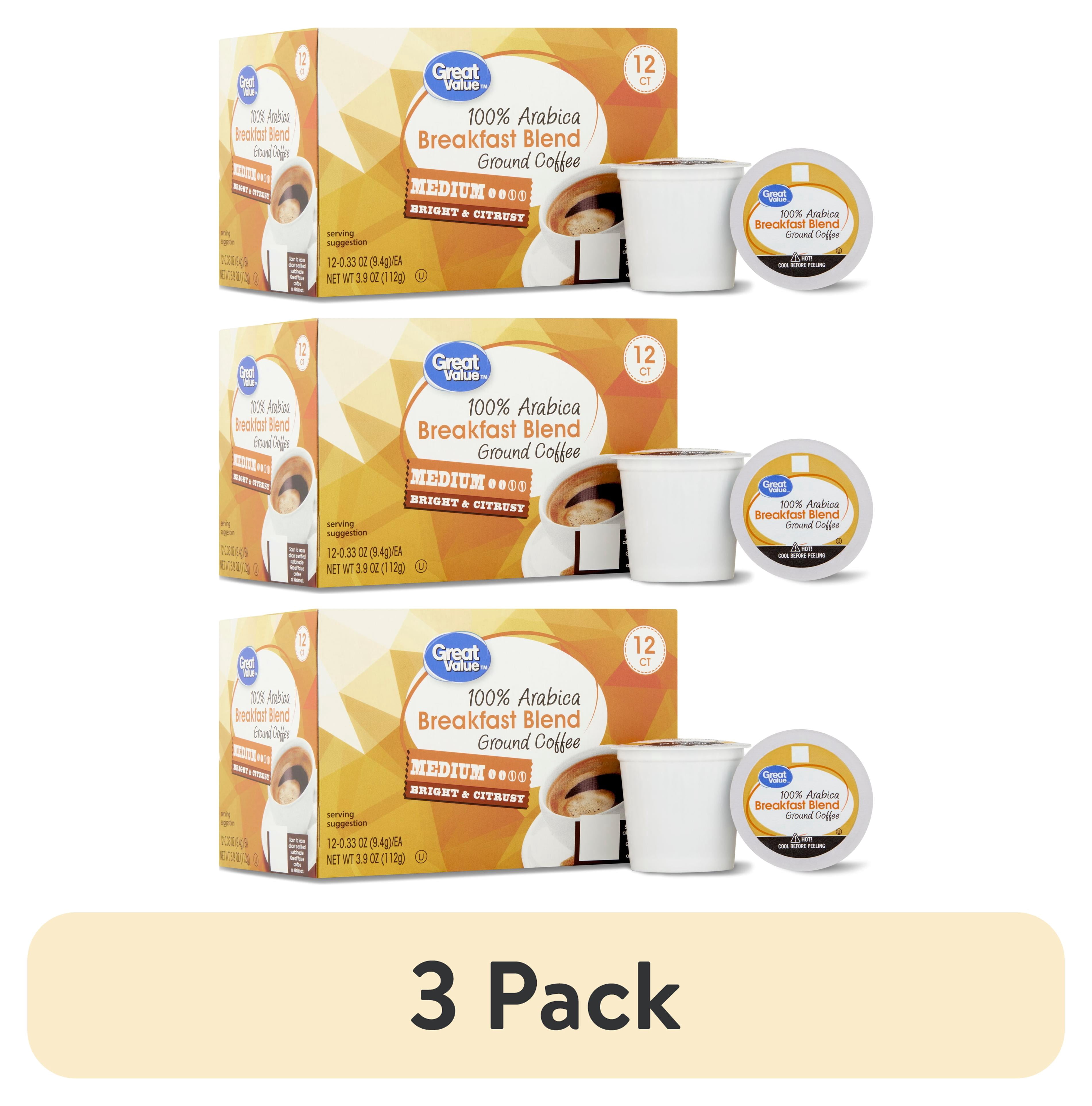 (3 pack) Great Value 100% Arabica Breakfast Blend Medium Roast Ground Coffee Pods, 12 Count