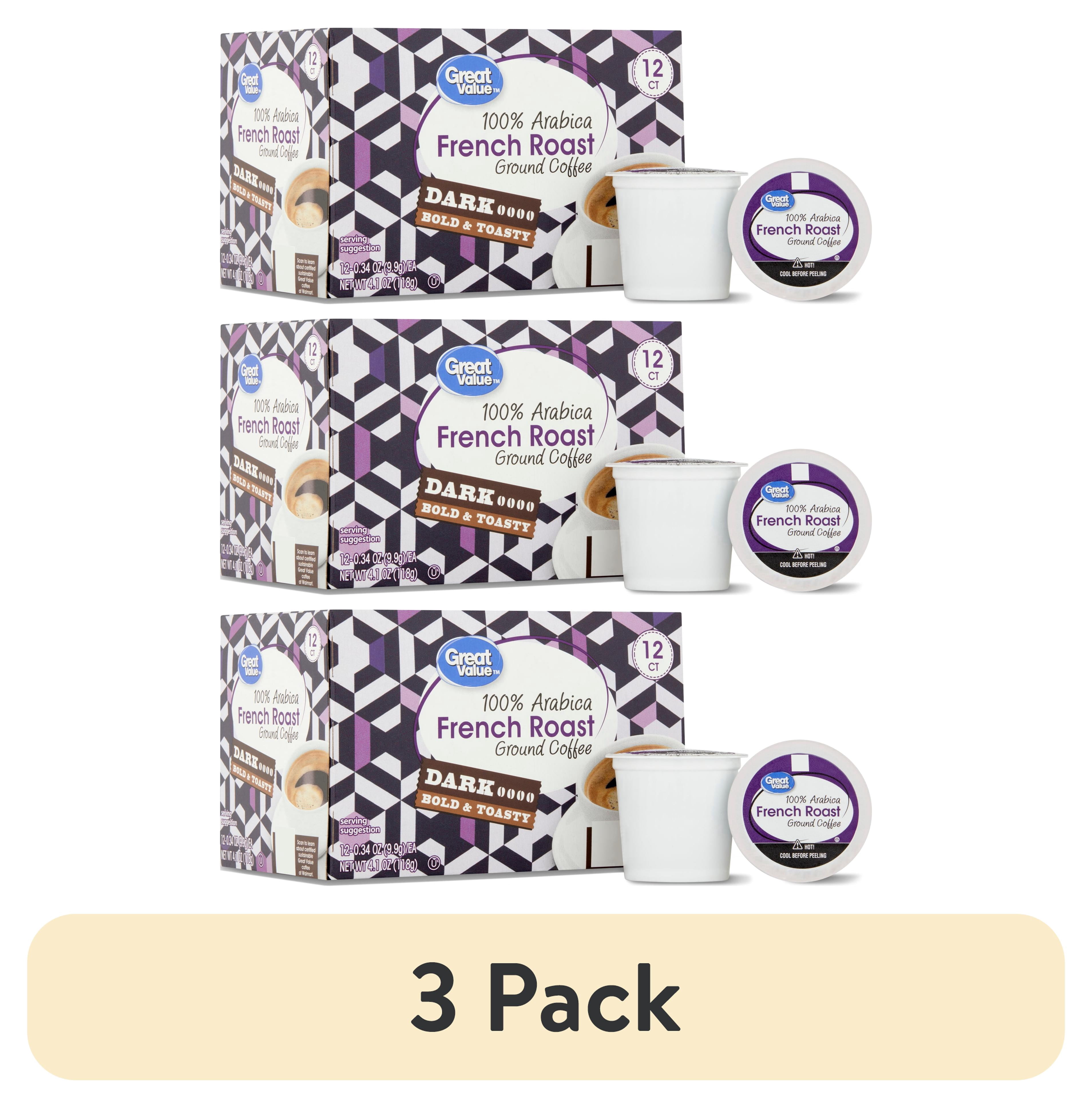 (3 pack) Great Value 100% Arabica French Dark Roast Ground Coffee Pods, 12 Count