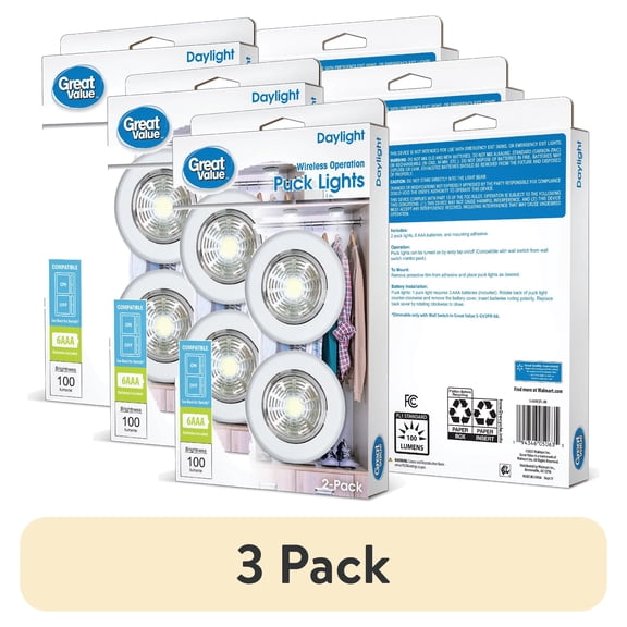 (3 pack) Great Value 100 Lumens Wireless LED Puck Lights 2 Pack
