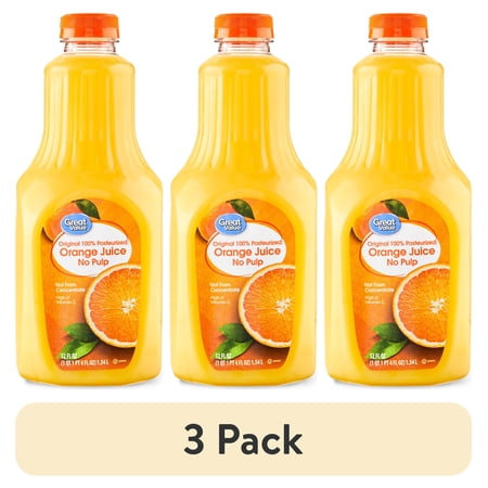 (3 pack) Great Value 100% Pasteurized Orange Juice, No Pulp, 52 fl oz
