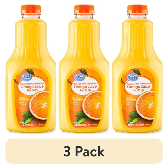 (3 pack) Great Value 100% Pasteurized Orange Juice, No Pulp, 52 fl oz