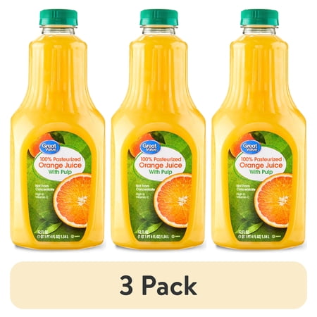 (3 pack) Great Value 100% Pasteurized Orange Juice, Pulp, 52 fl oz