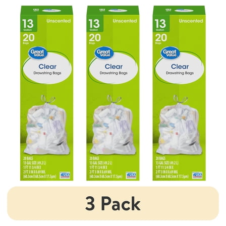 (3 pack) Great Value 13-Gallon Clear Drawstring Tall Kitchen Bags, 20 Bags